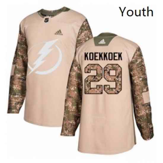 Youth Adidas Tampa Bay Lightning 29 Slater Koekkoek Authentic Camo Veterans Day Practice NHL Jersey
